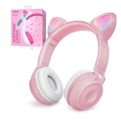 Imagem de Fone de Ouvido Gatinha Bluetooth Led 8 Cor Headphone Rosa - Exbom