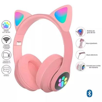 Imagem de Fone De Ouvido Gatinho Bluetooth Com Luzes Led Infantil Roxo Lilas