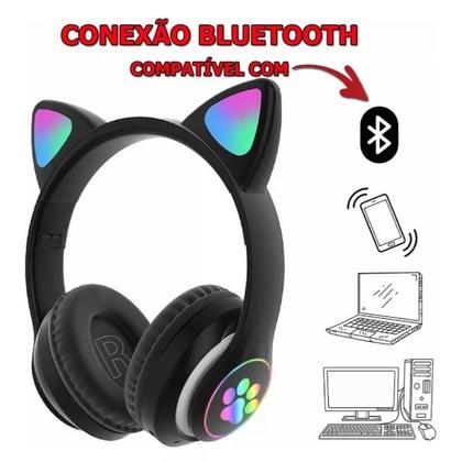 Imagem de Fone De Ouvido Gatinho Bluetooth Infantil Led Menino Menina Cor Preto