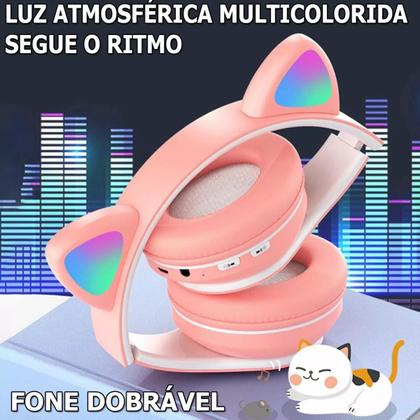 Imagem de Fone De Ouvido Gatinho Bluetooth Rosa Led Feminina Infantil