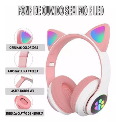 Imagem de Fone De Ouvido Gatinho Bluetooth Rosa Led Feminina Infantil