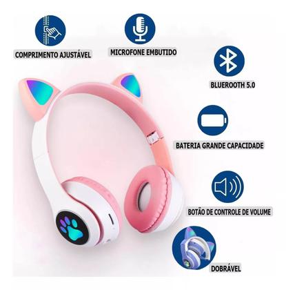 Imagem de Fone De Ouvido Gatinho Bluetooth Rosa Led Feminina Infantil