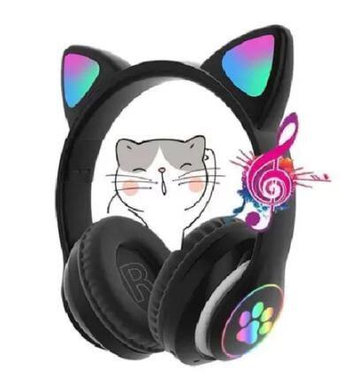 Imagem de Fone De Ouvido Gatinho  Led sem Fio Bluetooth Rosa Azul Roxo Preto Bluetooth Orelha Gato Dobrável