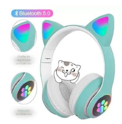 Imagem de Fone De Ouvido Gatinho  Led sem Fio Bluetooth Rosa Azul Roxo Preto Bluetooth Orelha Gato Dobrável