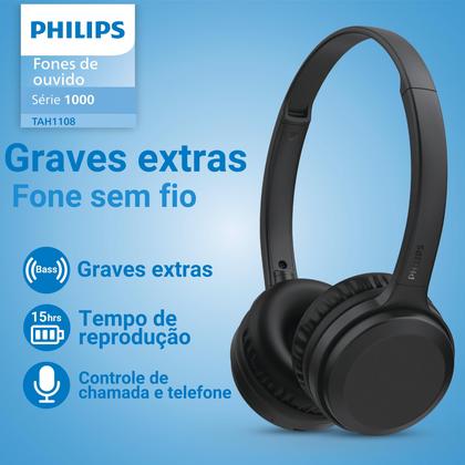 Imagem de Fone de Ouvido Headphone On-ear Bluetooth Philips TAH1108BK/55 Microfone Preto 15h