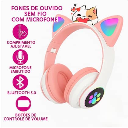 Imagem de Fone de Ouvido Infantil Rosa Bluetooth com Luz LED e Orelha de Gato