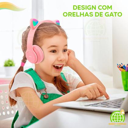 Imagem de Fone De Ouvido Orelha De Gatinho Bluetooth P2 USB Micro SD Fone Gatinho Sem Fio Infantil Led RGB