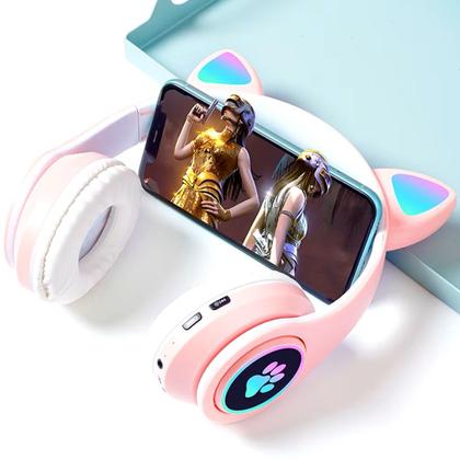 Imagem de Fone de Ouvido Orelha de Gatinho Gata Bluetooth Sem Fio Infantil Menina Música Led Colorido