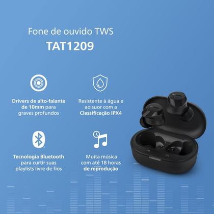 Imagem de Fone de Ouvido Preto Bluetooth Academia Buds Philips TAT1209 TWS Earbuds Fone Sem Fio Cancelamento de Ruído