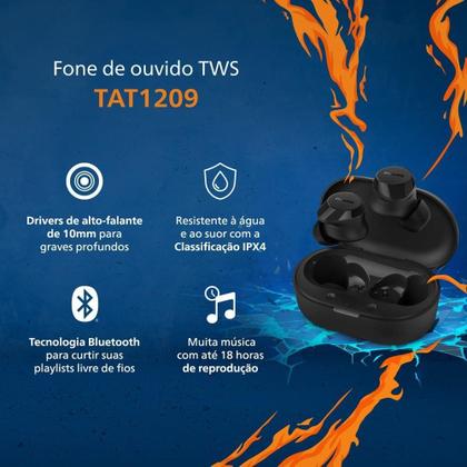Imagem de Fone de Ouvido Preto Bluetooth Academia Buds Philips TAT1209 TWS Earbuds Fone Sem Fio Cancelamento de Ruído