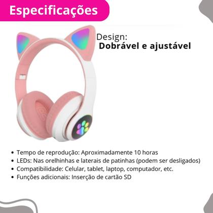 Imagem de Fone de Ouvido Rosa Infantil Bluetooth LED Sem Fio