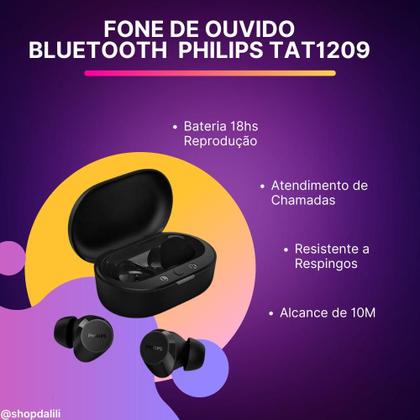 Imagem de Fone de Ouvido sem Fio Bluetooth Caminhada Academia Bateria 18hs Preto Philips TAT1209 Original