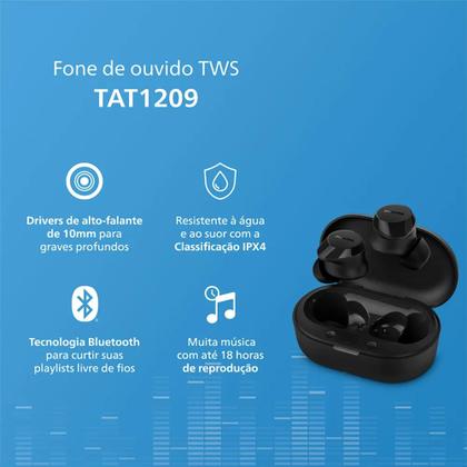 Imagem de Fone de Ouvido sem Fio Bluetooth com Microfone PRETO PHILIPS TAT1209BK/00 Bateria Até 12hs Original 