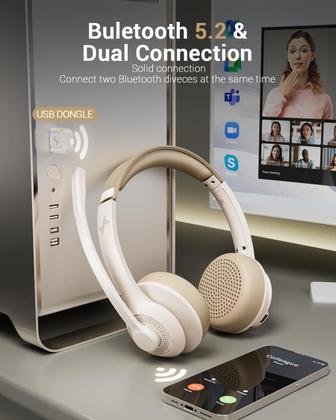 Imagem de Fone de ouvido sem fio com microfone AI com cancelamento de ruído Fone de ouvido Bluetooth - fones de ouvido Bluetooth V5.2 com dongle USB, base de carregamento e microfone sem som para computador/laptop/PC/iPhone/Android/telefones celulares - branco
