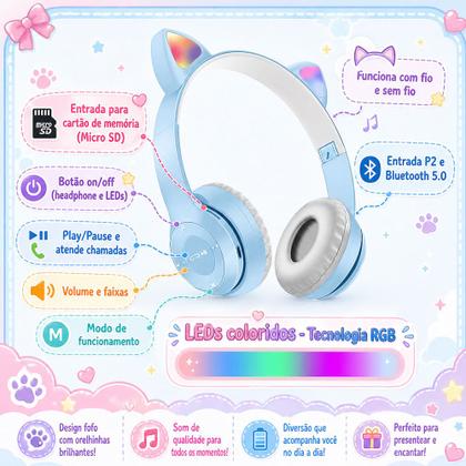 Imagem de Fone de Ouvido Sem Fio Orelhas de Gato LED Headset Gatinho Azul Claro