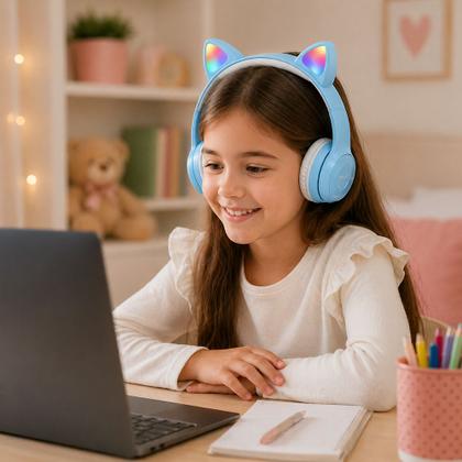 Imagem de Fone de Ouvido Sem Fio Orelhas de Gato LED Headset Gatinho Azul Claro