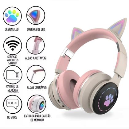 Imagem de Fone Gatinho Sem Fio Com Led Bluetooth Infantil Meninas Gato