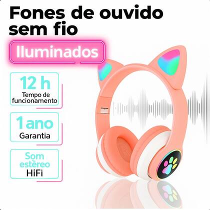 Imagem de Fone Infantil Rosa Bluetooth com Luz LED e Orelhas de Gato