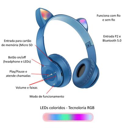 Imagem de Fone Infantil Sem fio com Orelhas de Gato LEDs Bluetooth 5.0 Cartão Azul Escuro
