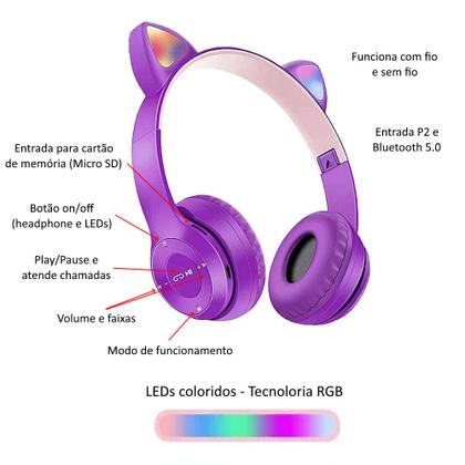 Imagem de Fone Infantil Sem fio com Orelhas de Gato LEDs Bluetooth 5.0 Cartão Roxo