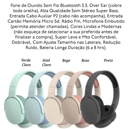 Imagem de Fone Ouvido Bluetooth 5.3 Sem Fio Redução Ruído Cartão Memória P2 Rádio FM Colorido Grande