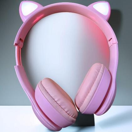 Imagem de Fone ouvido bluetooth rosa led colorido alca ajustavel fm