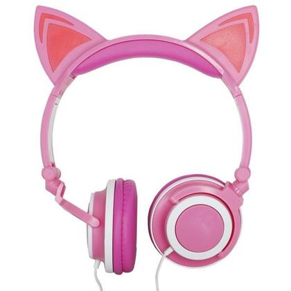 Imagem de Fone Ouvido Headphone Com Fio Estéreo Orelha Gato Gatinho Led Infantil P2 Exbom Hf-c22 Rosa Branco