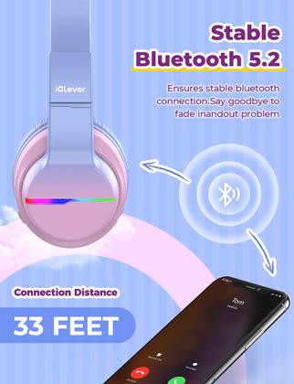 Imagem de Fones de ouvido Bluetooth iClever BTH12 Kids com LED 85H rosa