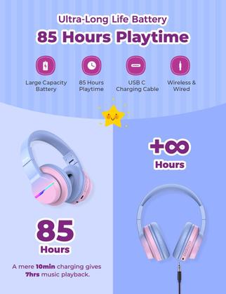 Imagem de Fones de ouvido Bluetooth iClever BTH12 Kids com LED 85H rosa