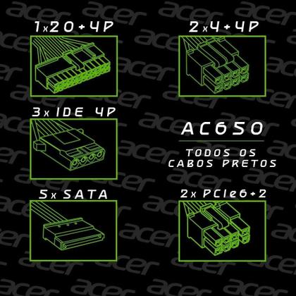 Imagem de Fonte Acer 650w Ac650 80 Plus Bronze Full Modular ATX Preto