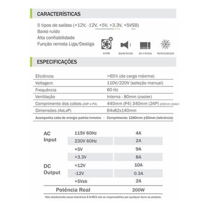 Imagem de Fonte ATX 20+4 K-MEX 200W K-MEX