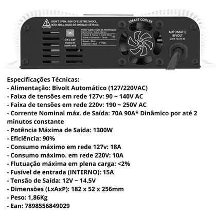 Imagem de Fonte Automotiva Bivolt Automático Smart Charger 70A até 90A Dinâmicos 12v Taramps - 901790