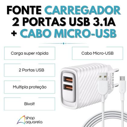 Imagem de Fonte carregador Turbo 2 USB com Cabo USB