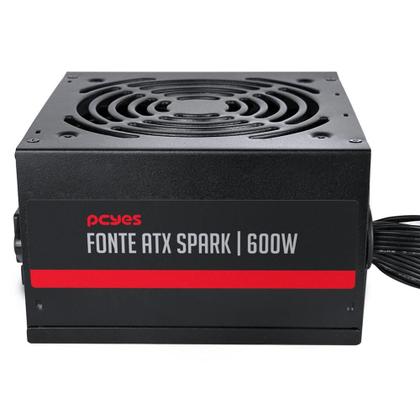 Imagem de Fonte de Alimentação Gamer Pcyes Spark 600W ATX 110V/230V Silenciosa  Com Proteção Contra Sobrecarga 5 Cabos Conectores e Pfc Ativo