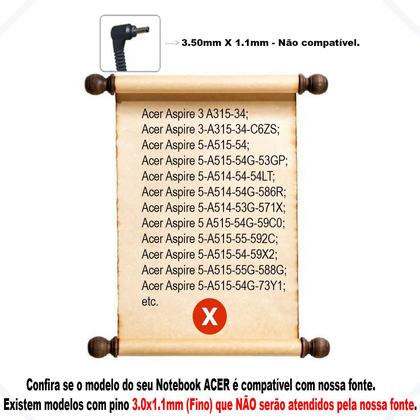 Imagem de Fonte de Alimentação para Notebook Acer Aspire E1-572-6_br 19v 3,42a - Compatível com 5,5mm x 1,7mm AC1914
