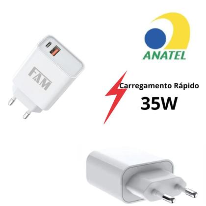 Imagem de Fonte FAM Prime PD36 35W com USB-C + USB Carga Turbo QC4.0 Compatível Android e iOS
