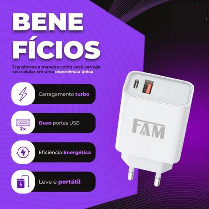 Imagem de Fonte FAM Prime PD36 35W com USB-C + USB Carga Turbo QC4.0 Compatível Android e iOS