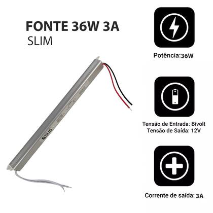 Imagem de Fonte Slim Drive 36w 12V 3A Fita Led Perfil Bivolt IP20 Resistente Lustre Luminaria