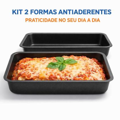 Imagem de Forma Assadeira Retangular Antiaderente 31cm Aço Carbono Kit 2 Unidades 3,5L Para Bolo Lasanha Forno