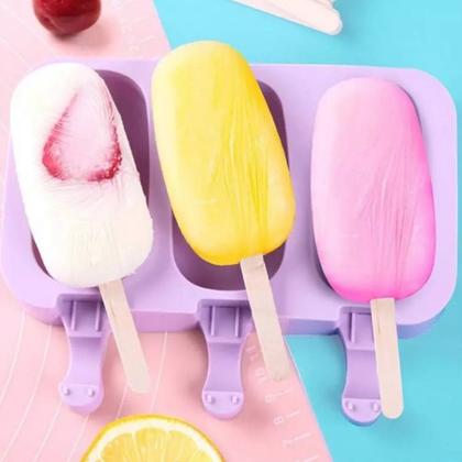 Imagem de Forma De Sorvete Material Silicone Para Picolé Formato Normal Lisa Com 50 Palitos Cores Rosa e Lilás