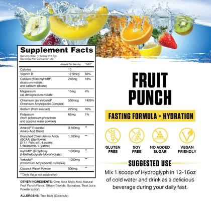 Imagem de Fórmula intraworkout Ambrosia Hydroglyph com pó de hidratação com BCAA+EAA + eletrólitos para proteger a massa muscular magra, 0 g de mistura de hidratação em jejum com açúcar, feita com água de coco (ponche de frutas)