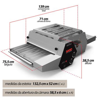 Imagem de Forno Assador Esteira Saro Aço Inox Elétrico Para Pizzas De 50cm 5 Velocidades Com Base 220v FE5022