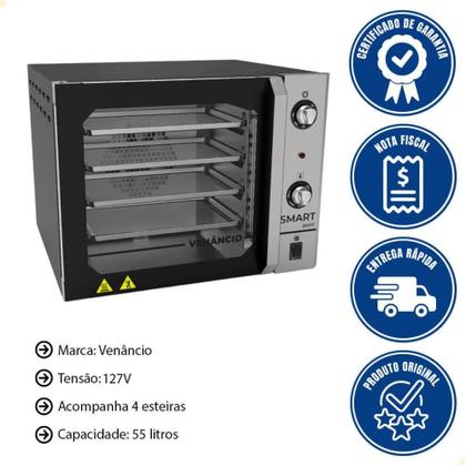Imagem de Forno Convector Venâncio Smart Basic 4 Esteiras com Corpo Preto e Painel Inox 127V Com Cavalete