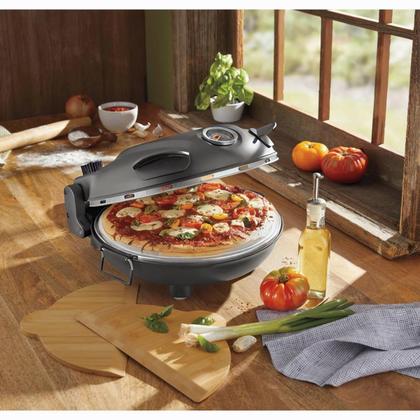 Imagem de Forno de pizza elétrico completo Italiano para cozinhar em casa com a família Grafite 220V para assar pães e tortas com prato de cerâmica e Duplo controle de Temperatura superior e inferior 430C