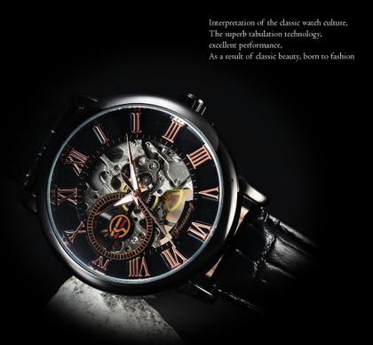 Imagem de Forsining relógio  Automático Preto com Rosê ultra fino analógico  pulseira de Malha de Aço Preto.