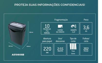 Imagem de Fragmentadora De Papel Até 10 Folhas Aurora AS1060SB-1 127V 220v