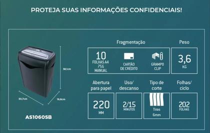 Imagem de Fragmentadora De Papel Trituradora Picotadora de Documentos 10 Folhas Aurora AS1060SB