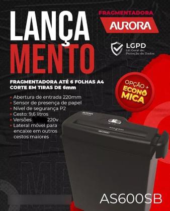Imagem de Fragmentadora Papel Aurora As600sb Trituradora C/ Cesto 220V