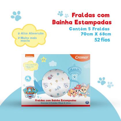 Imagem de Fralda Cremer Patrulha Canina Com 5 Unidades 100 Algodão 70x70cm Cremer