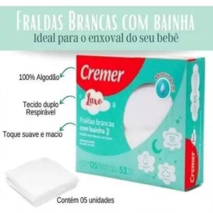 Imagem de Fralda de Pano Cremer Com Bainha Luxo Branca para Bebê Com 5 Peças Tecido Duplo Respirável